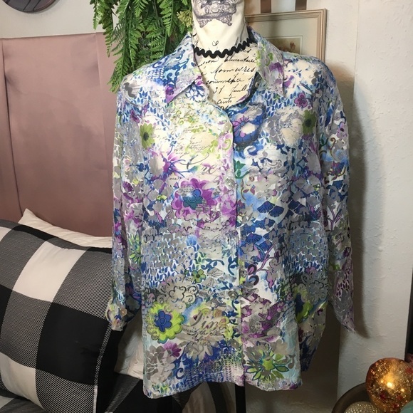 GRAFF Tops - GRAFF floral sheer button down blouse